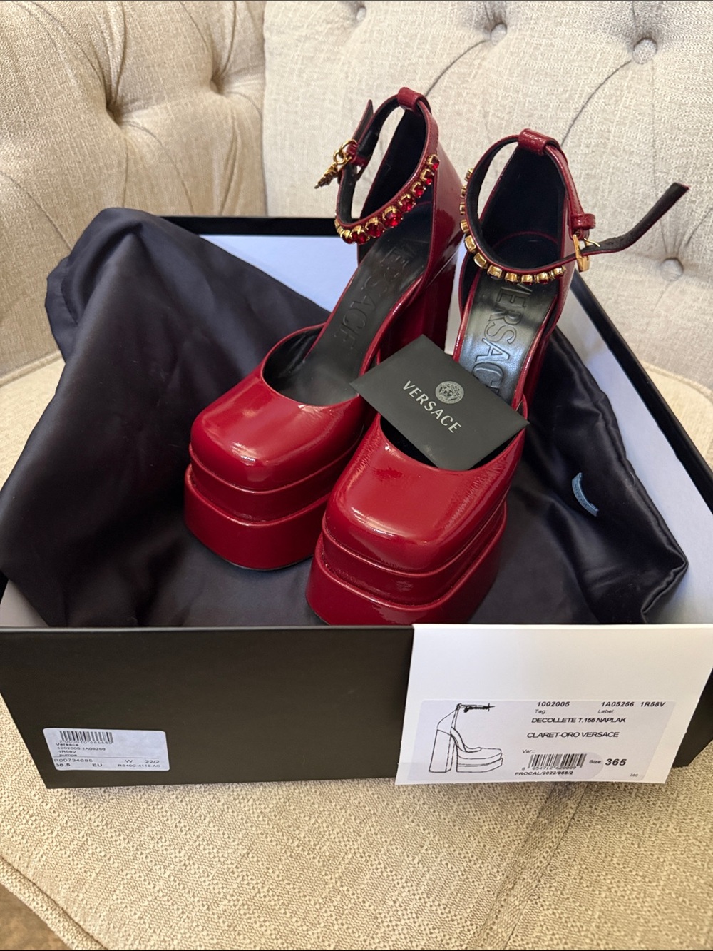 NWT Versace Red Leather Platform Mary Jane Pumps with Embellished Ankle Strap